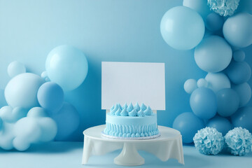 beautiful welcome baby boy baby shower decoration, blue theme table with blank paper for greetings and name, with blue balloons and cake