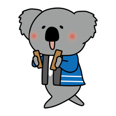 拍子木を持って火の用心の声掛けをしているコアラ