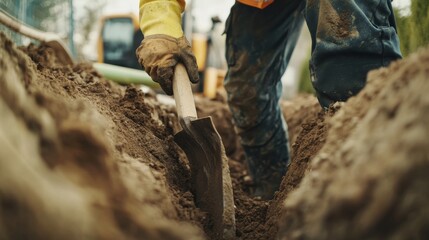 A construction worker digging a trench for plumbing installation. Featuring hard work and focus