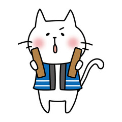 拍子木を持っている白い猫