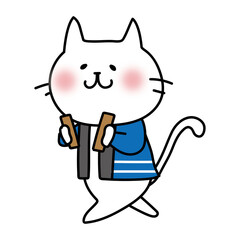 拍子木を持って火の用心の声掛けをしている白い猫