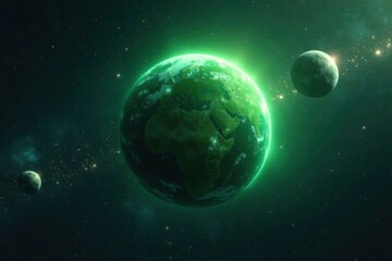 Obraz premium Glowing green planet surrounded by shimmering silver stars, cosmic, silver