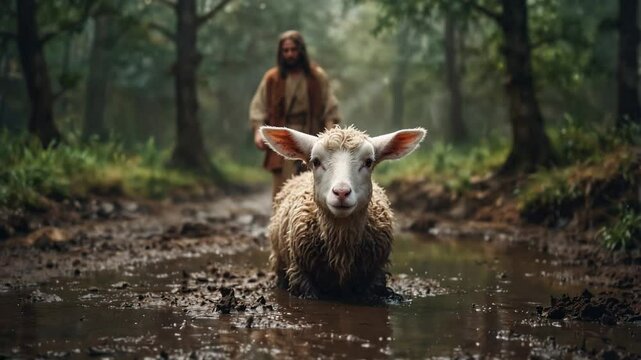Lost Lamb in Muddy Forest Path with Shepherd Guiding the Way Home Conceptually