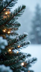 Obraz premium Icy branch of fir tree covered in frost and twinkling with Christmas lights against a white snowy background, frost, christmas lights