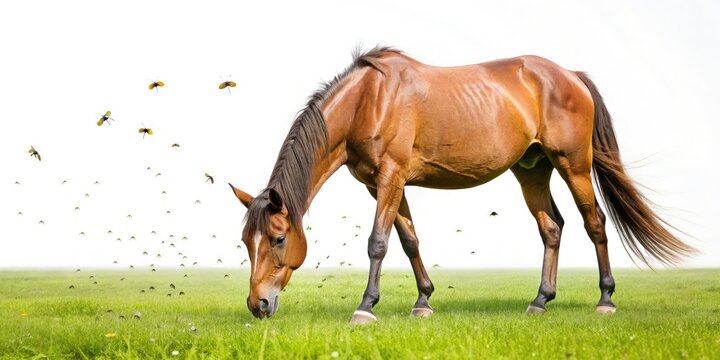 Horse Grazing Field Flies Insects Summer Pasture Wildlife Nature Photography Candid Shot