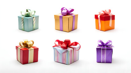 A vibrant collection of six gift boxes, each adorned with unique ribbons and wrapping, evoking a sense of celebration and anticipation.