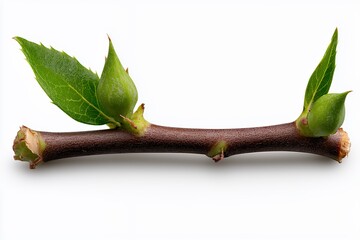 Obraz premium Detailed Close Up of a Budding Brown Tree Branch with Green Leaves on White