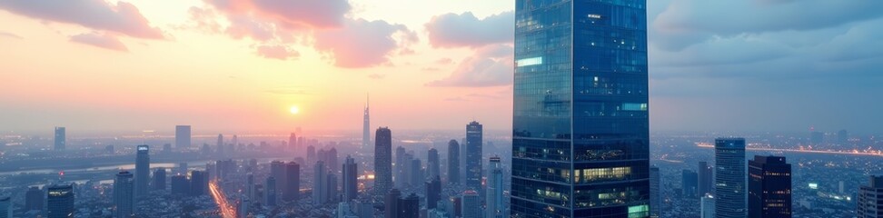 Fototapeta premium Futuristic skyscraper with glass façade in city skyline, glass, modern