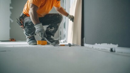 Construction worker installing drywall panels on a new building. Featuring focus and skill