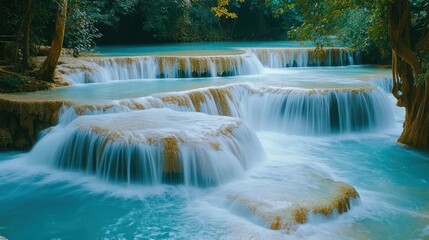 Cascading tiered waterfalls flowing through lush green forest areas