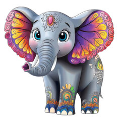 cute cartoon elephant with colorful mandala ears on transparent background