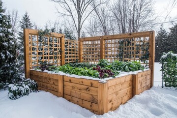 Winter Garden with Raised Bed in Snowy Landscape Surrounded by Trees