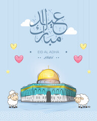 Adobe Illustrator ACartoon Eid al Adha greeting card with cute sheep and Dome of the Rock illustration in blue tones, featuring Arabic calligraphy and decorative hearts. Perfect for social mediartwork