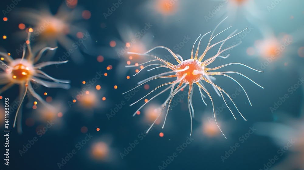 Poster a nanobot swarm synchronizing to create a dynamic defense against infections, nanorobots concept