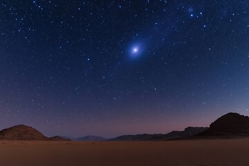 Tranquil desert landscape with the sky filled with thousands of stars the Andromeda Galaxy faintly visible soft gradient from navy to dark purple sky the desert illuminated by a faint moonlight