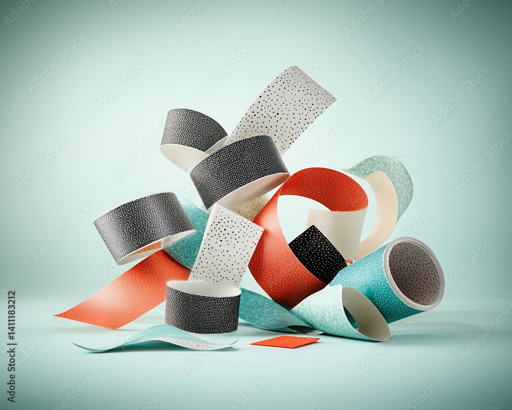 Poster Abstract composition of swirling ribbons in various colors and patterns
