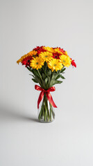 Fototapeta premium A vase of yellow and red flowers sits on a white background. The flowers are arranged in a way that they are all facing the same direction, creating a sense of harmony and balance
