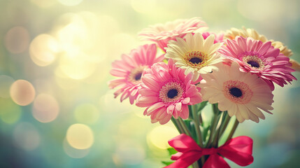 A bouquet of pink and white daisies with a red ribbon tied around the stems. The flowers are arranged in a vase, and the overall mood of the image is cheerful and bright