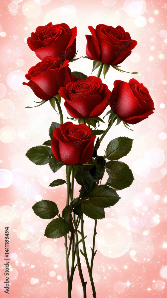 Poster a bouquet of red roses is displayed on a pink background. the roses are arranged in a way that they 