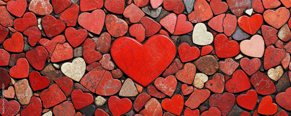 Poster a red heart is surrounded by many other red hearts. the heart is the center of attention and the oth
