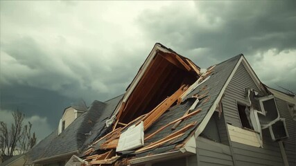 Damaged House After Storm with Missing Roof and Broken Windows