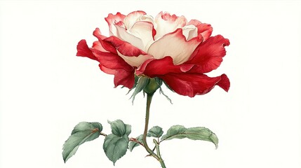 Detailed illustration of a bicolor rose with delicate leaves.
