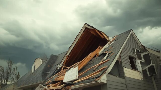 Damaged House After Storm with Missing Roof and Broken Windows