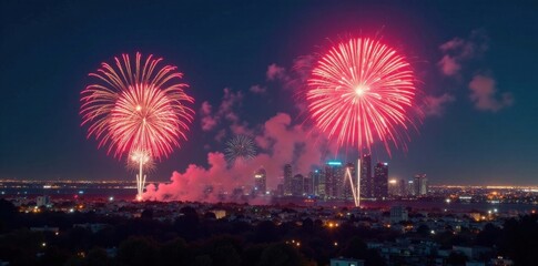 Fototapeta premium Midnight fireworks exploding over a cityscape on New Year's Eve, celebration, explosion, fireworks