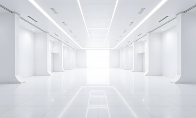 A clean white room with a reflection on its floor.