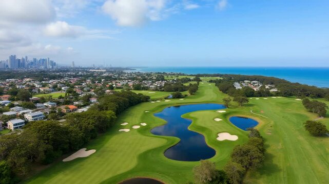 Aerial View of Lush Green Golf Course Surrounded by Scenic Coastline and Vibrant City Skyline under a Clear Blue Sky