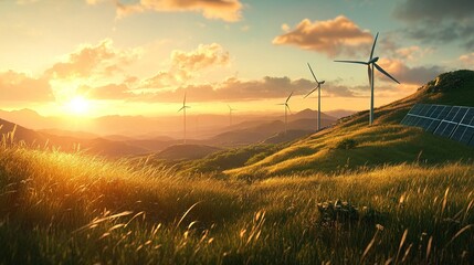 Obraz premium Sustainable energy concept, panoramic view of wind turbines and solar panels on grass during golden hour, renewable energy, environmentally friendly technology and clean electricity production