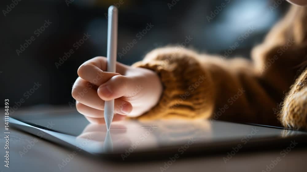 Poster child engages in art on a tablet using a touch pen to draw generative ai