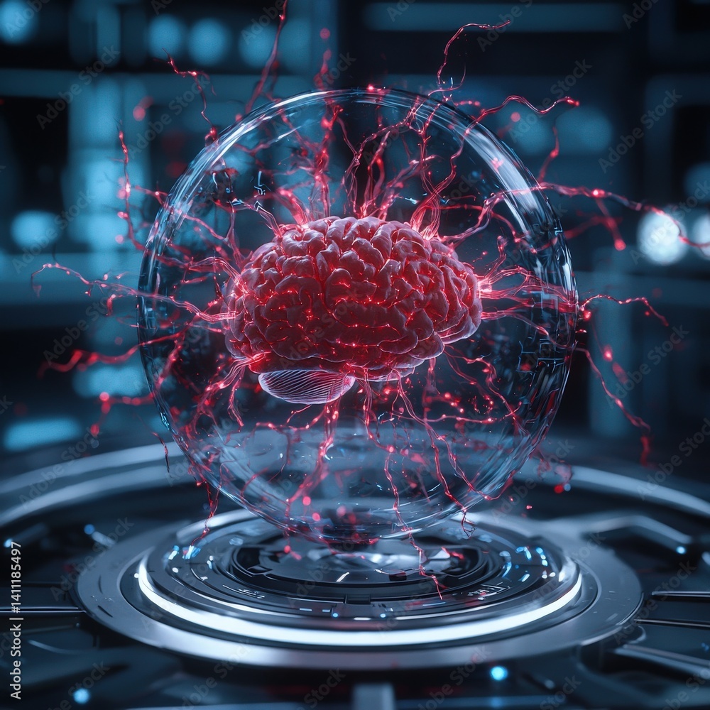 Poster a sci-fi-style visualization of a brain scan enhanced by nanotechnology, nanorobots concept