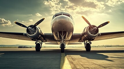 Fototapeta premium Vintage aircraft on a runway with propellers under cloudy skies
