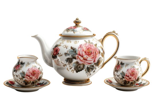 Elegant rose tea set teapot creamer cups gold accents floral porcelain on transparent background - Powered by Adobe
