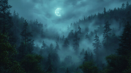 Obraz premium foggy forest night,