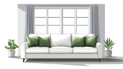 Modern White Sofa with Green Velvet Pillows, A modern white sofa with green velvet pillows against a plain background
