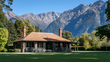 Obraz premium Rustic Stone House Nestled Among Mountains in New Zealand