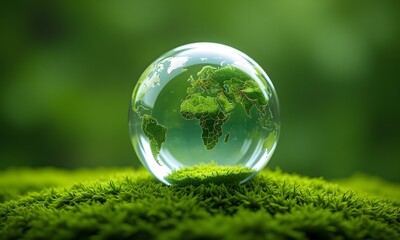 A clear glass ball with an image of Earth on top of green grass.
