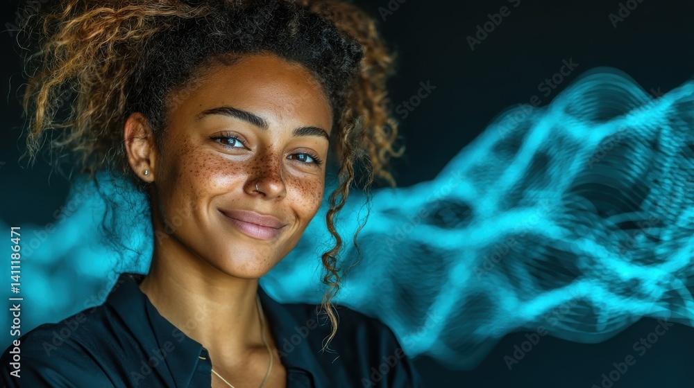 Poster technology style whit net glowing wave,glowing line glow wave,glow line , portrait of smiling black 