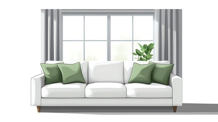 Modern White Sofa with Green Velvet Pillows, A modern white sofa with green velvet pillows against a plain background