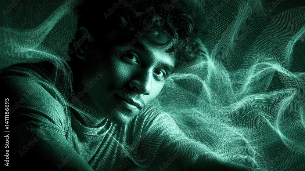 Poster technology style whit net glowing wave,glowing line glow wave,glow line , smiling indian man looking