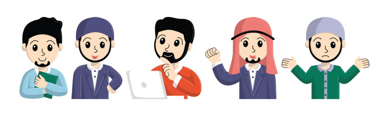 A cartoon illustration showcases diverse men from differing cultural or professional backgrounds, each expressing distinct emotions and gestures.