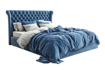 Luxurious Blue Velvet Upholstered Bed Elegant Tufted Headboard Soft Draped on transparent background