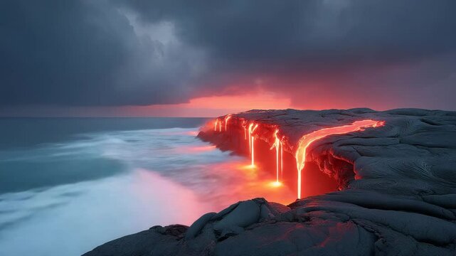 Volcano erupting with molten lava and smoke plume, dramatic natural disaster landscape, Volcanic eruption at sunset with lava spilling into ocean, dramatic and fiery landscape scene