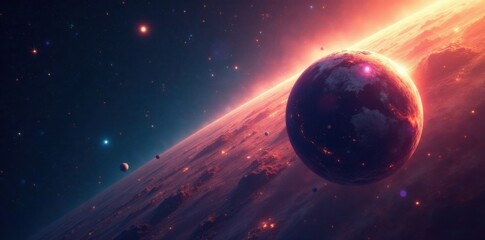 Gaseous planet floating amidst starry expanse, celestial bodies, nebulae, ethereal