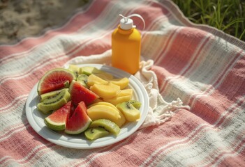 Colorful Fruit Plate on Picnic Blanket in Sunlight