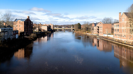 Obraz premium Panoramic View Of River With Brick Buildings