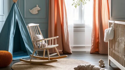 Cozy and stylish nursery room with modern decor, featuring a wooden rocking chair, playful teepee tent, soft rugs, and pastel-colored curtains that create a warm atmosphere.