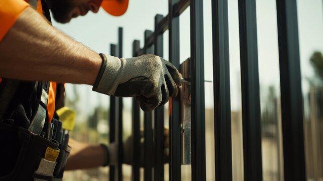 A construction worker installing a metal gate on a property. Featuring precision and craftsmanship